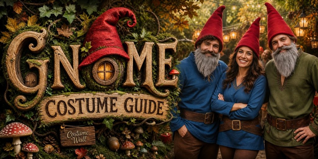 Royal Blue Long-Sleeve Shirt, Bright Blue Tunic Sweater, Brown Tweed Trousers and Full Brown Leggings beside Gnome