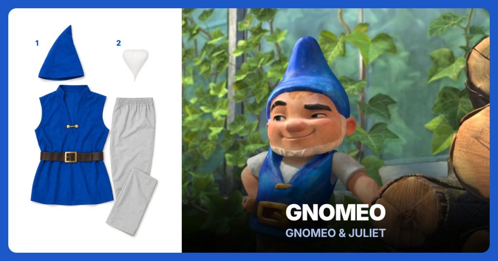 Blue Gnome Hat, Tunic, Pants and Belt Set and White Goatee and Mustache Set beside Gnomeo