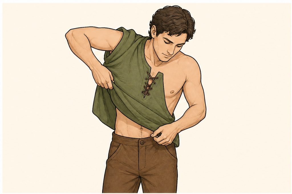 Put on green tunic and brown trousers