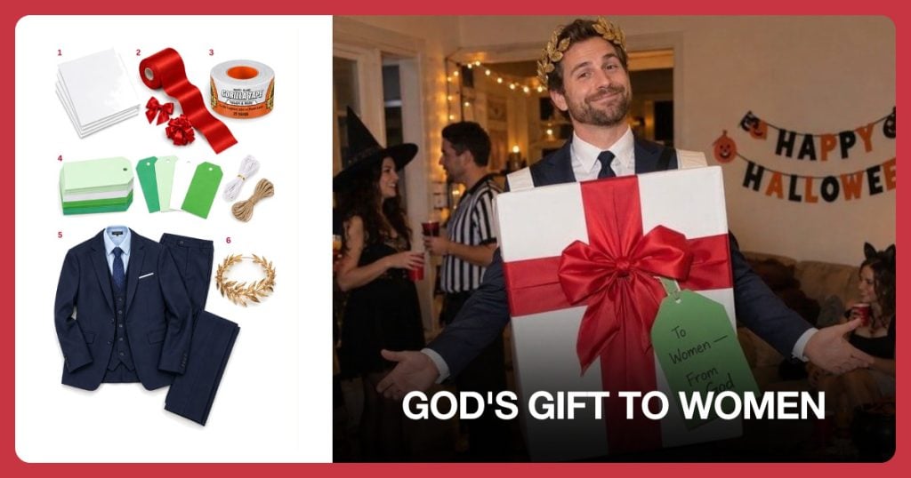 White Foam Boards, Wide Red Ribbon, Wide White Tape and Green Gift Tags beside God’s Gift to Women