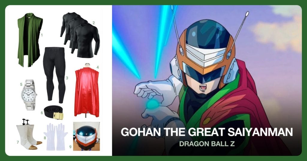 Green Sleeveless Cardigan, Compression Shirt, Compression Tights and White Cape beside Gohan The Great Saiyanman