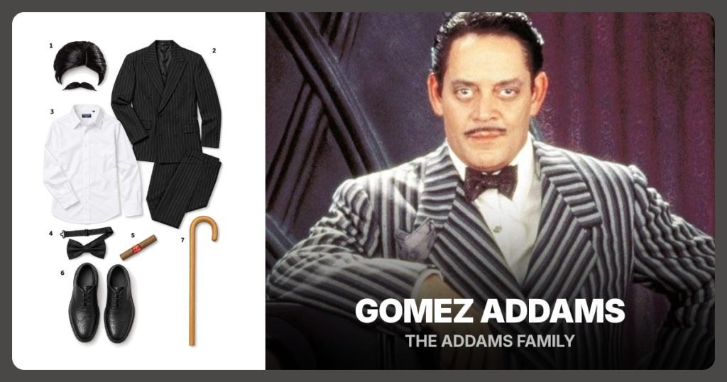 Gomez Addams Wig and Mustache, Black Pinstripe Suit, White Button Up Shirt and Black Bow Tie beside Gomez Addams