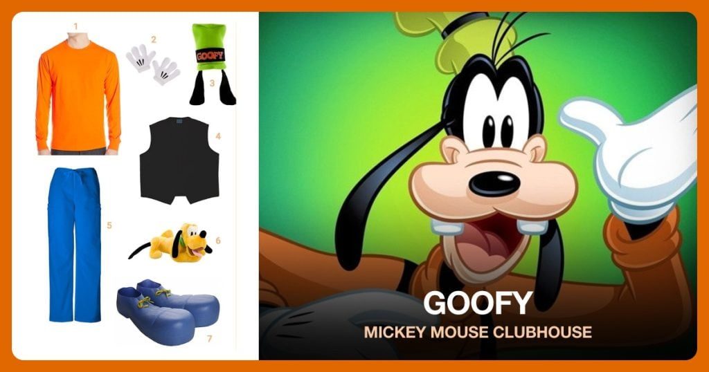 Orange Long Sleeve Shirt, Plush Gloves Mitts, Adult Top Hat with Goofy Ears and Black Vest beside Goofy