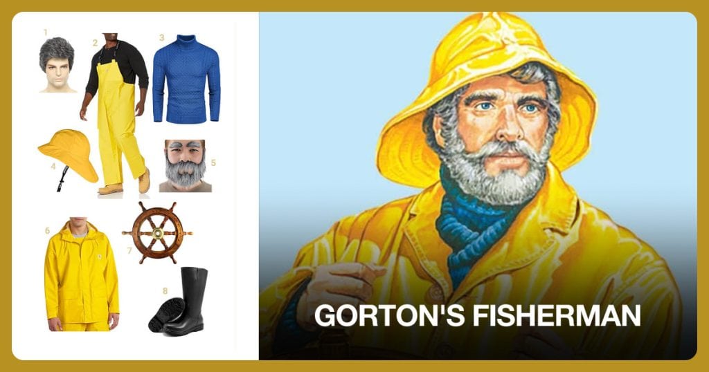 Men’s Gray Wig, Men’s Yellow Bib Overalls and Men’s Blue Knitted Turtleneck Sweater beside Gorton’s Fisherman