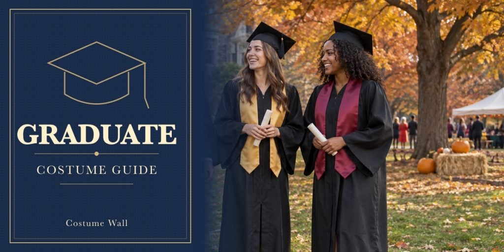 Black Academic Gown, Navy Academic Gown, White Button Shirt and Black Dress Trousers beside Graduate