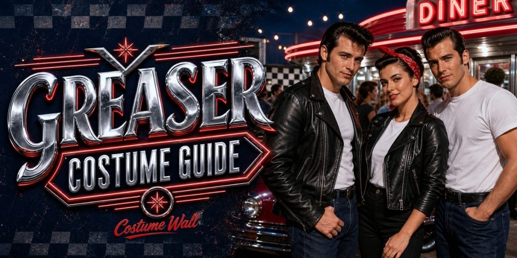 Men’s Black Faux Leather Biker Jacket, Men’s White Crewneck T-Shirt and Men’s Dark Blue Straight Jeans beside Greaser