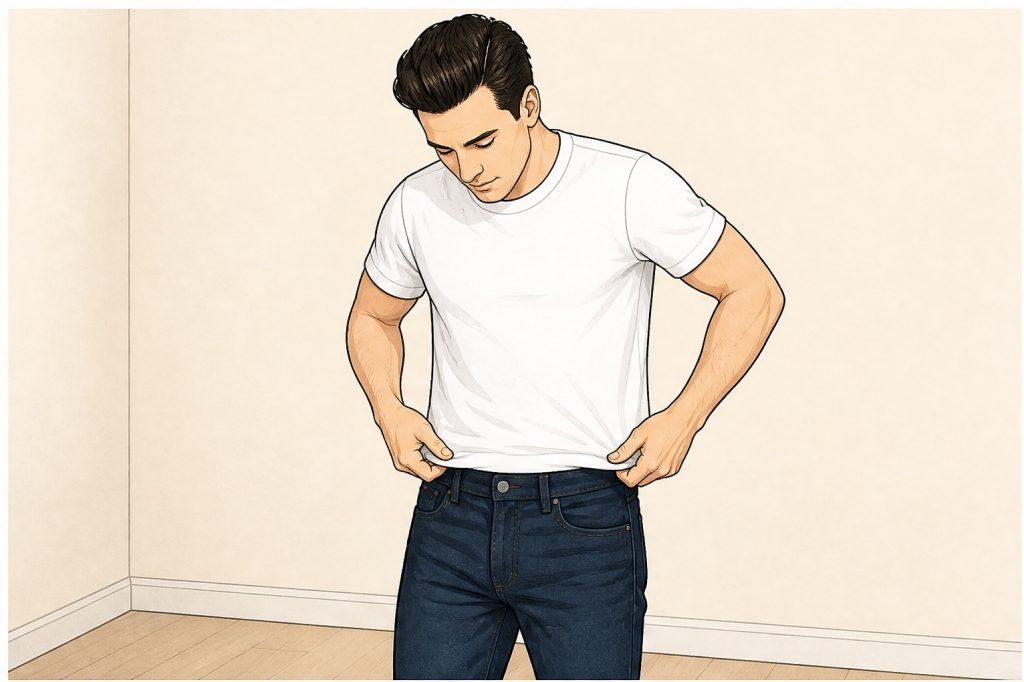 Put on white T-shirt and dark jeans