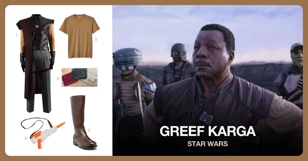 Greef Karga Costume, Brown T-Shirt, Bounty Hunter License and Toy Blaster beside Greef Karga