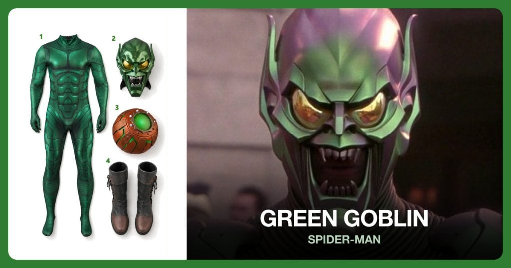 Green Armor Bodysuit, Green Goblin Roleplay Helmet, Green Goblin Pumpkin Prop and Dark Brown Costume Boots beside Green Goblin