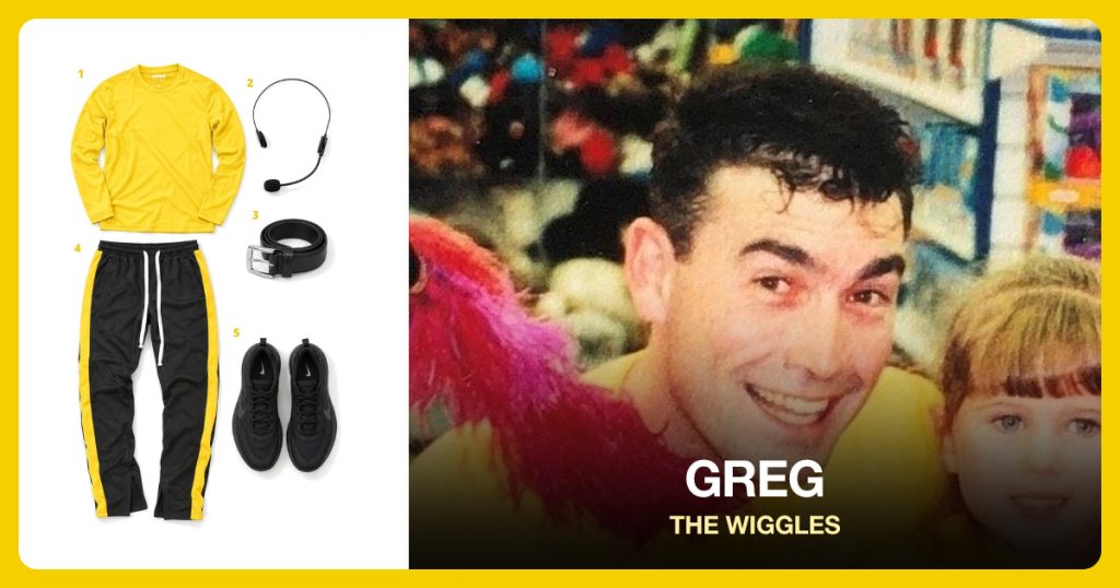 Yellow Long Sleeve Shirt, Microphone Headset Prop, Black Leather Belt and Black Stripe Track Pants beside Greg (The Wiggles)