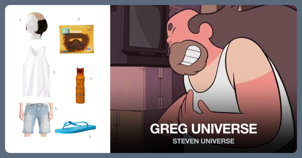 Short Tramp Bald Wig, Brown Goatee, White Basic Tank Top and Spray on Tan beside Greg Universe