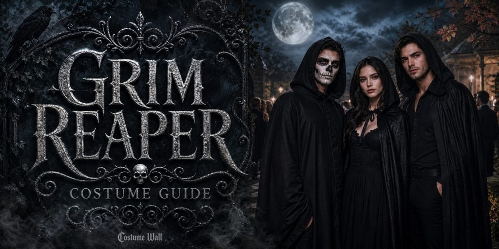 Adult Grim Reaper Robe, Black Long Sleeve Maxi Dress and Men’s Black Button-Down Shirt beside Grim Reaper