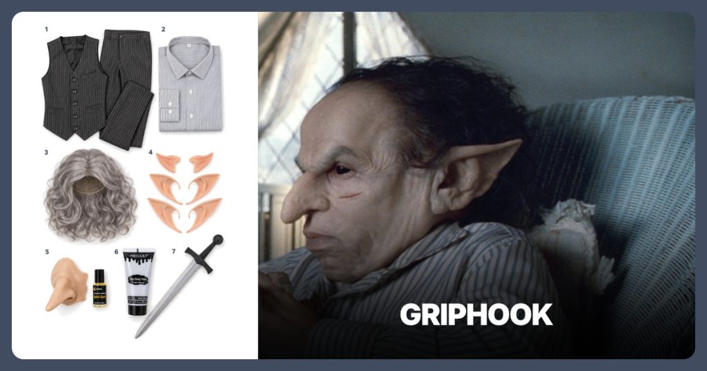Dark Pinstripe Vest and Trousers Set, Gray Striped Button-Down Shirt and Long Gray Wavy Costume Wig beside Griphook