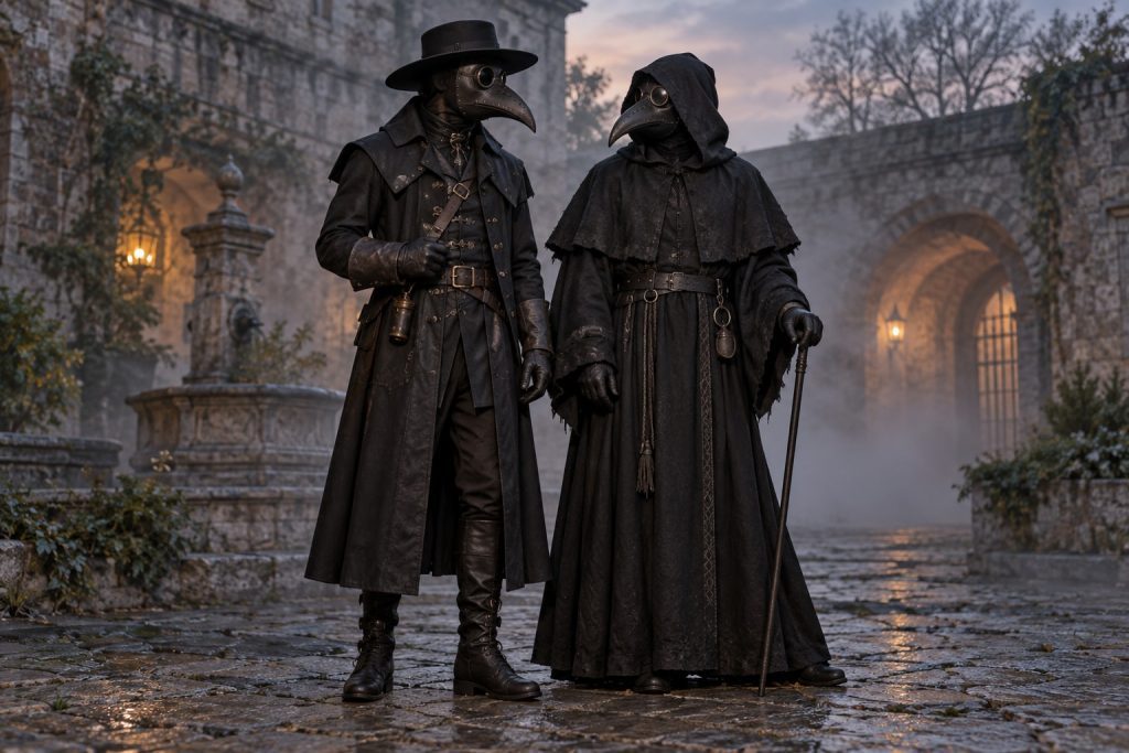 Two Plague Doctor costume ideas: wide-brim hat and hooded robe looks