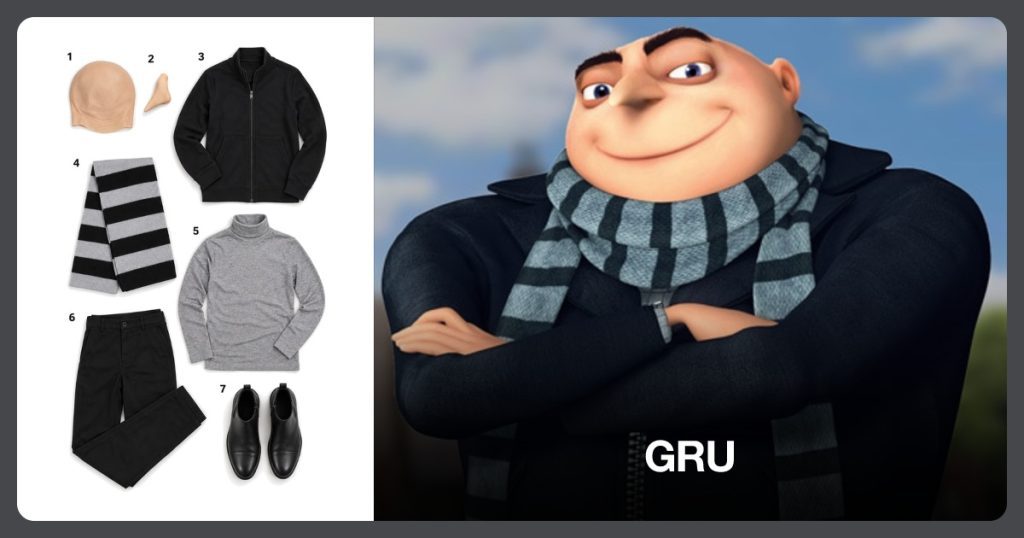 Gru costume from Despicable Me: Men’s Bald Cap Beige, Long Costume Nose, Black Zip-Up Jacket, Black and Gray Scarf