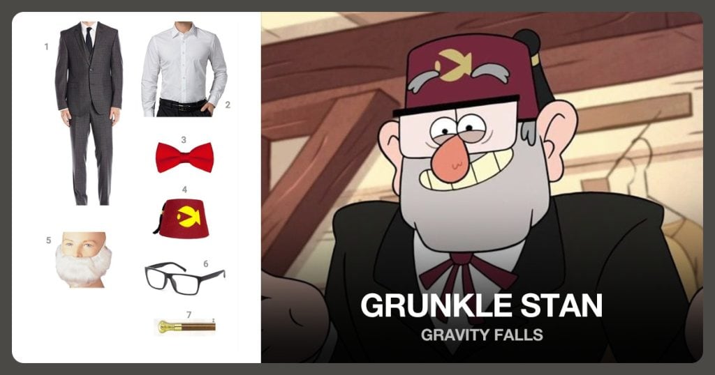 Two Button Vested Slim Fit Suit, White Dress Shirt in Slim Fit Style, Bowtie and Fez Hat with symbol beside Grunkle Stan