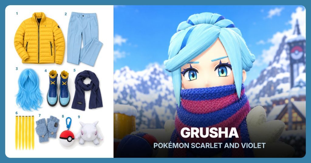 Yellow Puffer Jacket, Light Blue Trousers, Pale Blue Wig and Blue Cross-Strap Boots beside Grusha