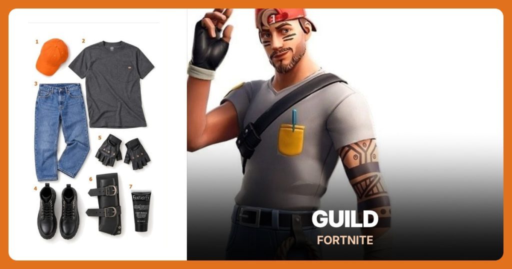 Orange Baseball Cap, Grey Pocket T-Shirt, Light Wash Jeans and Black Combat Boots beside Guild