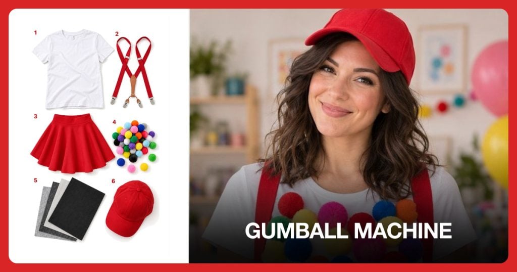 White Cotton T-Shirt, Red Suspenders, Red Skater Skirt and Large Rainbow Pom Poms beside Gumball Machine