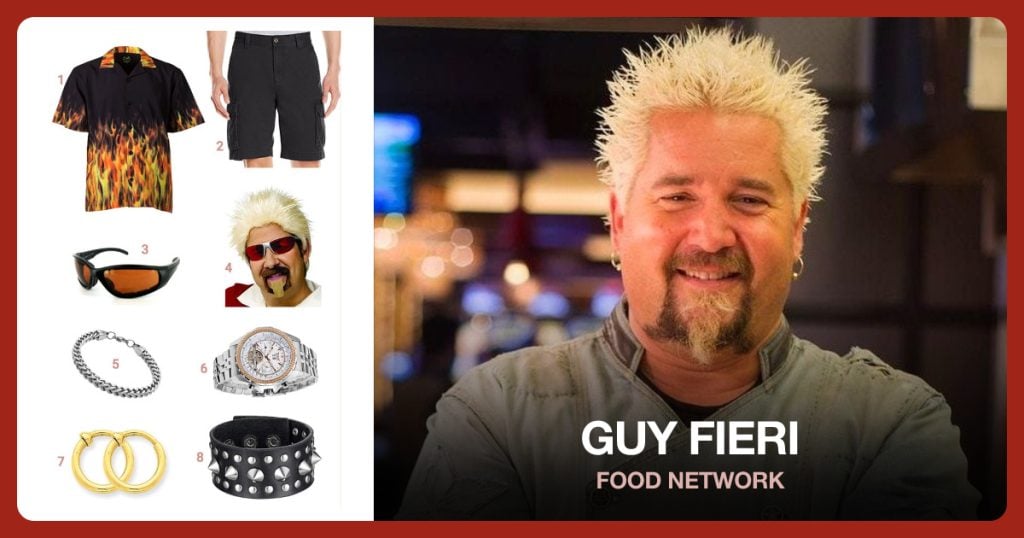 Flames Button Up Shirt, Cargo Shorts, Sunglasses and Chef Wig and Goatee Set beside Guy Fieri