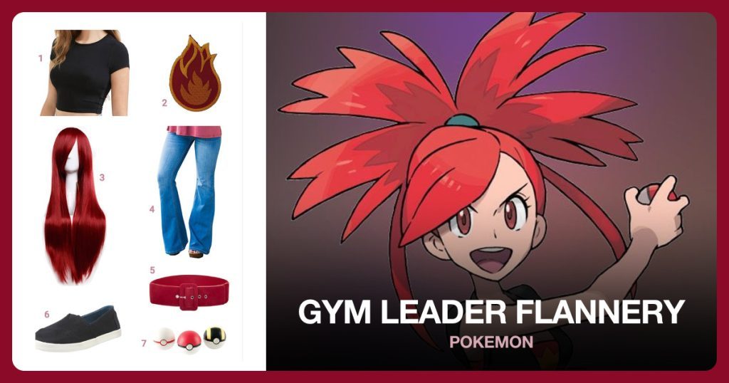 Black Crop Top, Fire Patch, Long Red Hair Wig and Blue Jeans beside Gym Leader Flannery