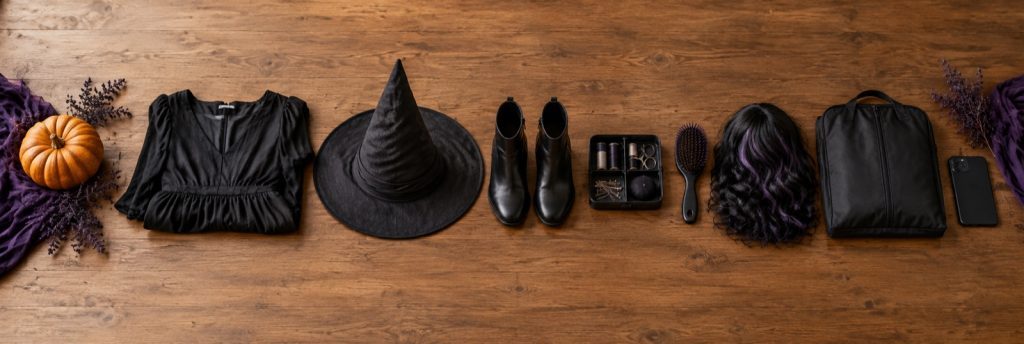 Witch costume pieces, boots, wig, and sewing supplies laid out for a rehearsal