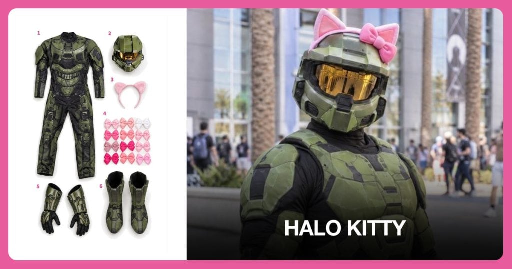 Master Chief Costume, Master Chief Helmet, Pink Cat Ear Headband and Pink Ribbon Bows beside Halo Kitty