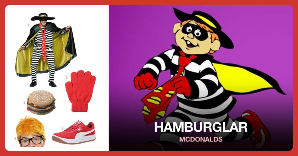 Hamburglar Costume, Toy Hamburger, Red Gloves and Orange Hair Wig beside Hamburglar