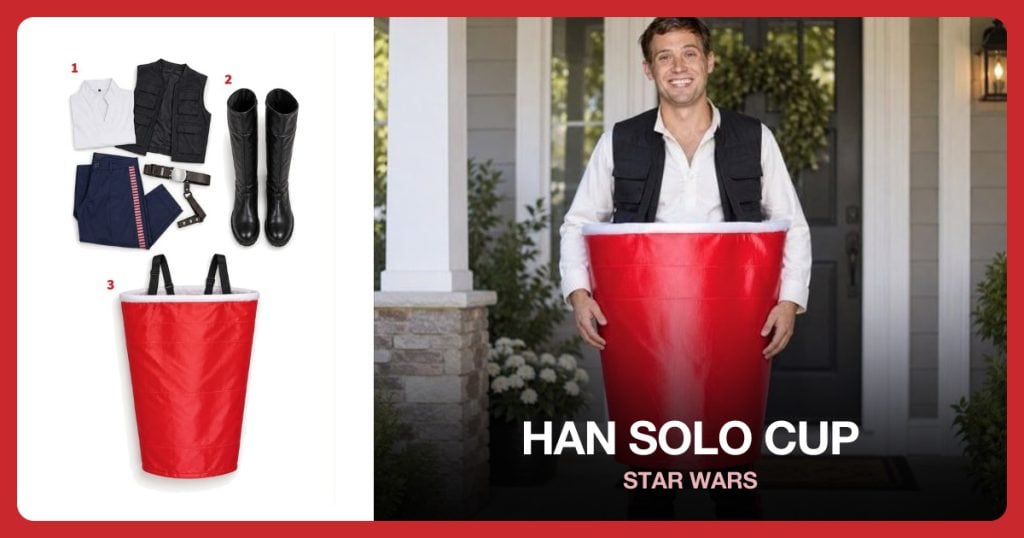 Space Smuggler Outfit, Black Knee-High Boots and Giant Red Cup Costume beside Han Solo Cup