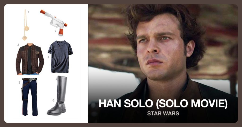 Han Solo Dice, Han Solo Blaster, Han Solo Jacket and V-Neck T-Shirt beside Han Solo (Solo Movie)