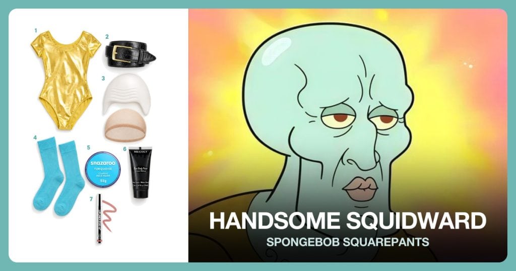 Gold Costume Leotard, Wide Black Belt, White Latex Bald Caps and Turquoise Crew Socks beside Handsome Squidward