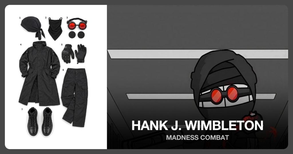 Black Head Wrap, Black Face Covering, Round Red Goggles and Long Black Tactical Coat beside Hank J. Wimbleton