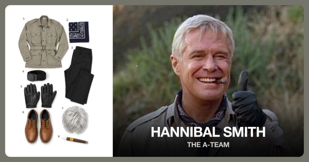 Khaki Safari Jacket, Navy Paisley Bandana, Black Straight Trousers and Black Web Belt beside Hannibal Smith