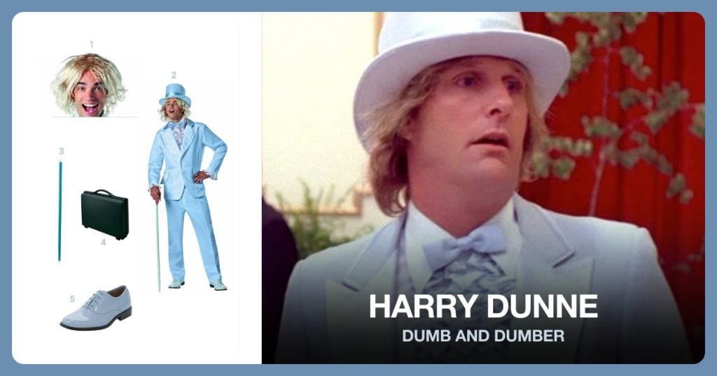 Harry Dunne Wig, Harry Dunne Tuxedo Costume, Blue Color Cane and Samsonite Focus III Attache beside Harry Dunne