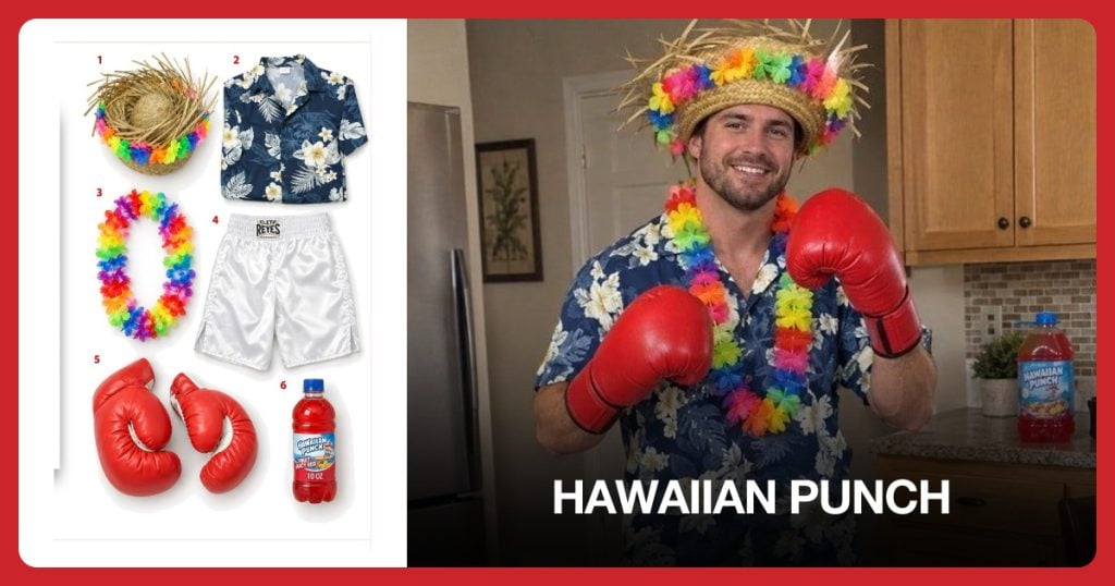 Straw Luau Hat, Tropical Floral Shirt, Flower Lei Necklace and Boxing Trunks beside Hawaiian Punch