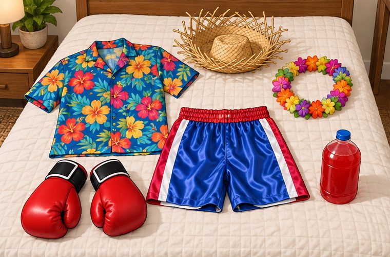 Tropical shirt, luau hat, flower lei, boxing trunks and boxing gloves laid out for a Hawaiian Punch costume, landscape outlined tutorial illustration