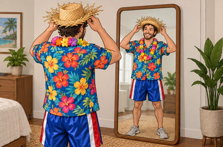 Adult wearing a tropical floral shirt and boxing trunks with a straw luau hat and flower lei, landscape outlined tutorial illustration