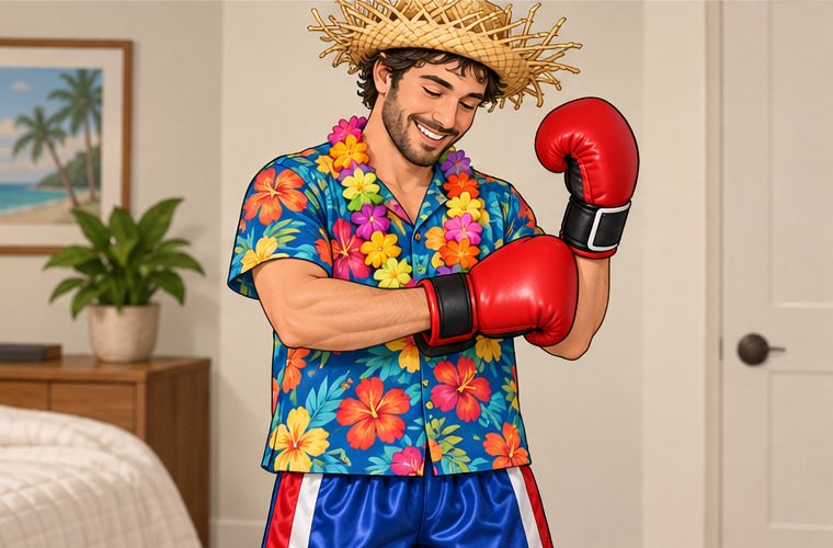Adult wearing tropical shirt, lei and boxing trunks while adding red boxing gloves, landscape outlined tutorial illustration