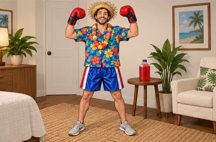 Adult wearing complete Hawaiian Punch costume in a playful champion pose with optional bottle on a nearby table, landscape outlined tutorial illustration