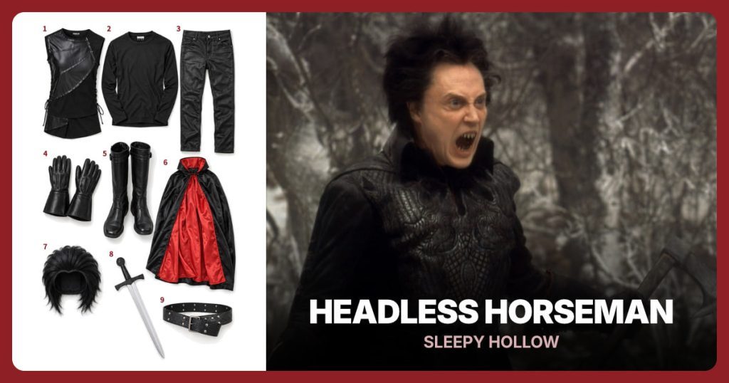 Black Armor Tunic, Black Long-Sleeve Shirt, Black Faux-Leather Pants and Black Gauntlet Gloves beside Headless Horseman