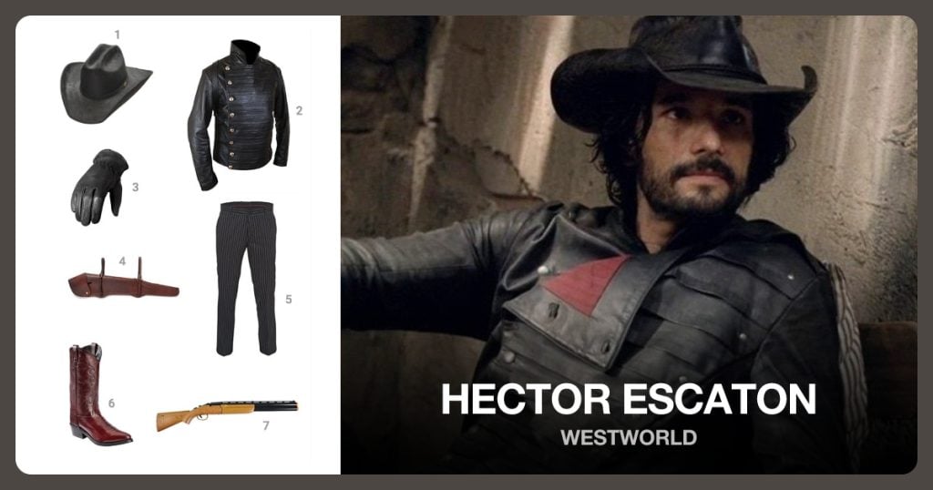 Black Cowboy Hat, Hector Escaton Jacket, Black Leather Gloves and Rifle Scabbard beside Hector Escaton