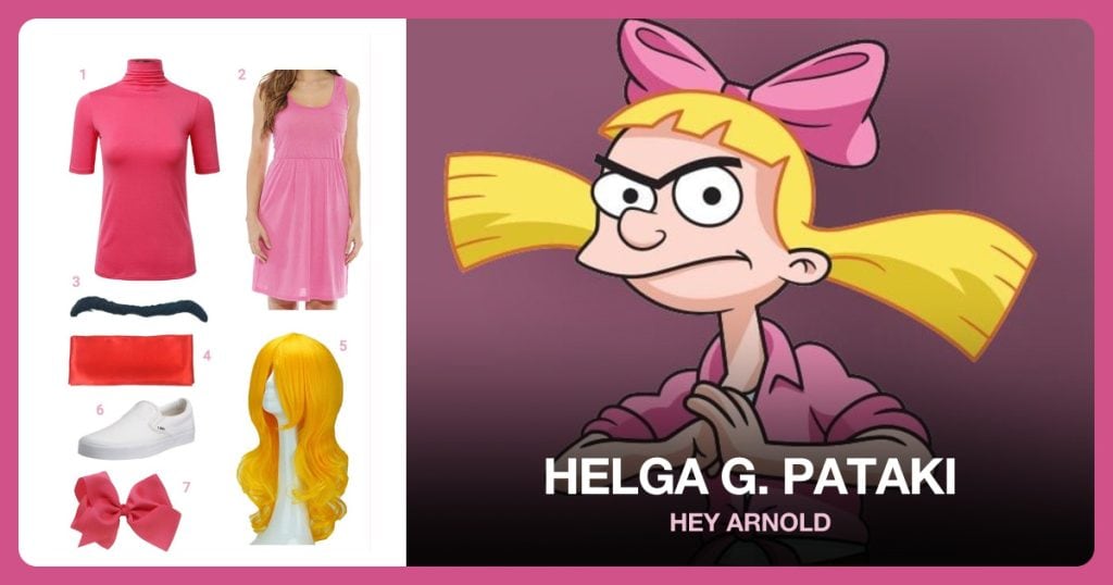 Short Sleeve Turtle Neck, Pink Short Dress, Cosplay Party Eyebrow and Kung Fu Sash beside Helga G. Pataki