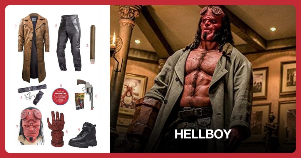 Brown Trench Coat, Leather Pants, Fake Cigar and Brown Belt with Gun Holster beside Hellboy