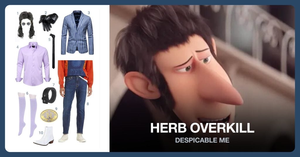 Herb Overkill costume from Despicable Me: Black Mullet Wig, Black Leather Gloves, Blue Stripe Suit Blazer, Purple Long Sleeve Shirt