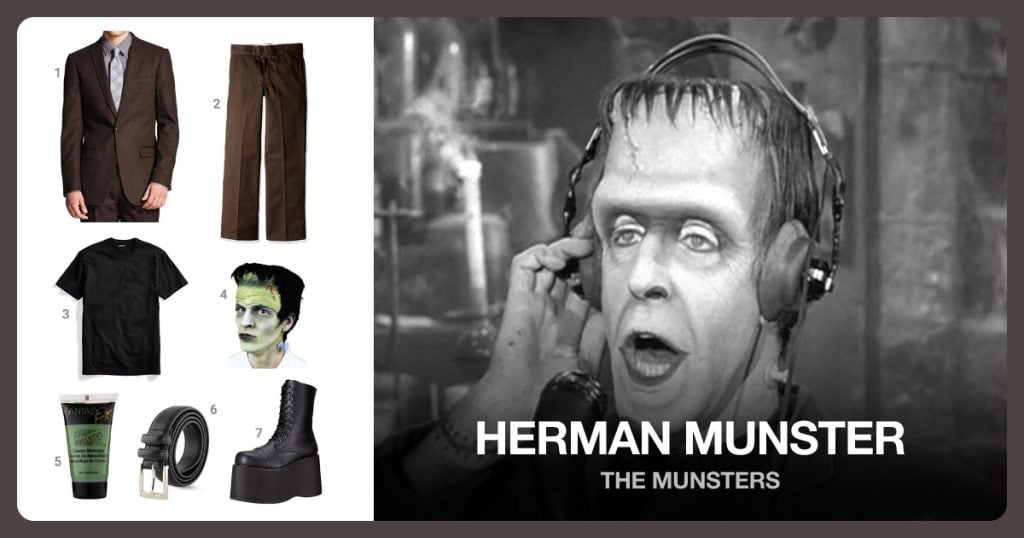 Black T-Shirt, Brown Suit Jacket, Brown Pants and Frankenstein Mask beside Herman Munster