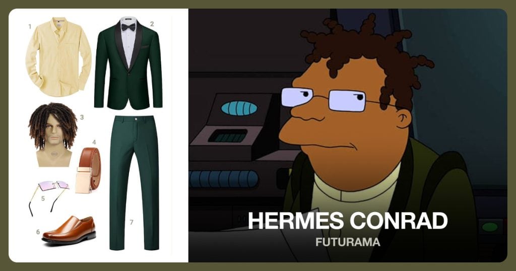 Yellow Button Down Shirt, Dark Green Suit Jacket, Short Afro Braided Wig and Brown Ratchet Belt beside Hermes Conrad