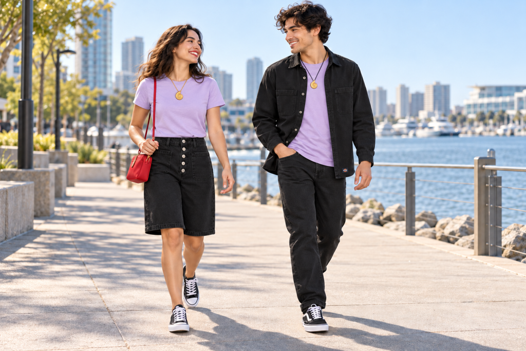 Two adults walk by the water in Ursula-inspired everyday outfits: a woman wears a lavender tee, black five-button Bermuda shorts, a red crossbody bag, a gold spiral shell pendant and black-and-white sneakers; a man wears a lavender tee under a black Dickies-labeled overshirt with black jeans, a gold shell pendant and black-and-white sneakers.