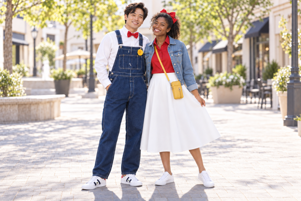 Two adults in Hello Kitty-inspired outfits, one in indigo overalls and a white shirt, the other in a red top, denim jacket and white midi skirt.