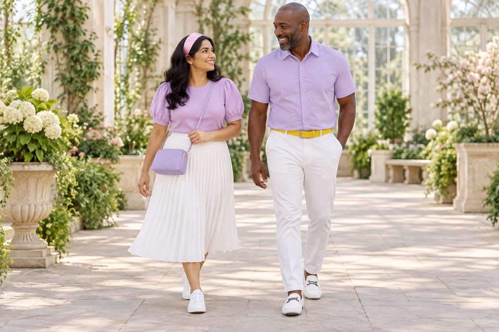 An adult woman wearing the light-purple puff-sleeve top, white pleated skirt and lavender bag beside an adult man wearing a lavender short-sleeve shirt, white chinos and white loafers.