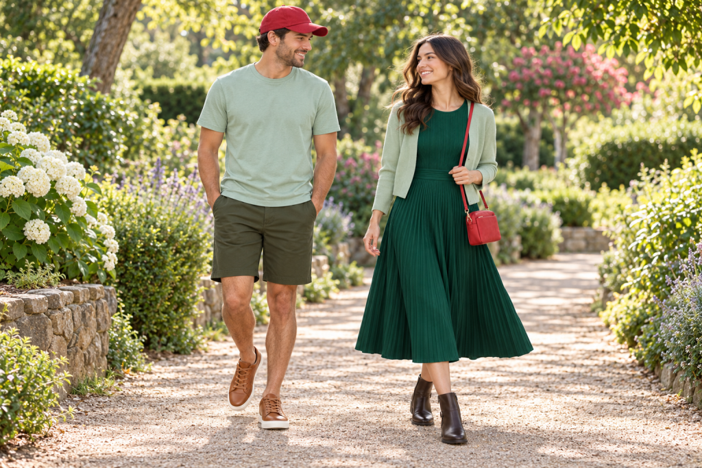 Adult models wear green and brown casual outfits inspired by Peter Pan.
